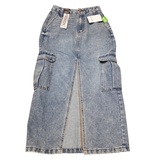 love, Fire Denim - Love Fire Light Blue Denim Split Cargo Maxi Skirt Size 3